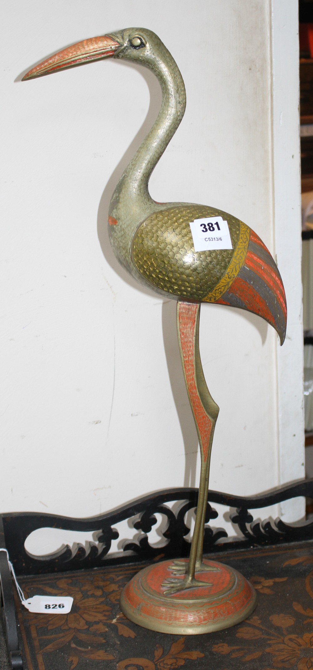 A Benares enamelled brass model of a wading bird, height 62cm